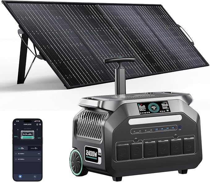 IEE P2400 Portable Power Station with 1x400W Solar Panel,2400W AC Outlet(Peak 5000W),1800W 1.2H Fast Charge,2048WH Lifepo4 Battery,5-8MS EPS Switch Below 30DB Solar Power Generator for Home Backup,RV.