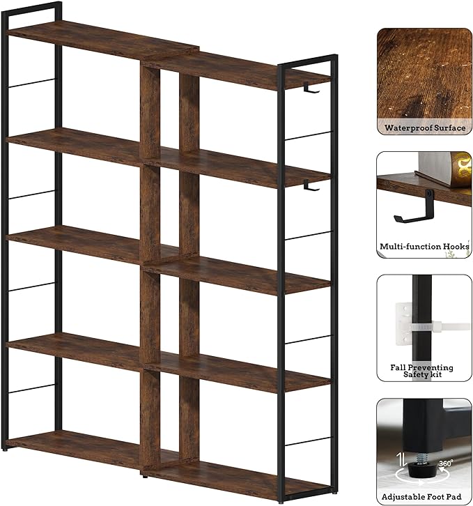5 Tier Bookshelf Wood Bookcase with 2 Hooks Modern Corner Bookshelf Library Industrial Shelving Book Case Adjustable Book Shelves for Bedroom Living Room Home Office Rustic Brown