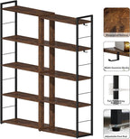 5 Tier Bookshelf Wood Bookcase with 2 Hooks Modern Corner Bookshelf Library Industrial Shelving Book Case Adjustable Book Shelves for Bedroom Living Room Home Office Rustic Brown