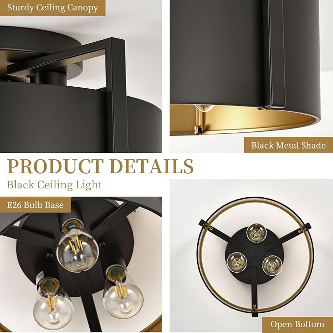 Black Semi Flush Mount Ceiling Light, 15'' Modern Farmhouse Hallway Entryway Light Fixtures Ceiling Mount, 3-Light Rustic Foyer Lighting Fixtures Ceiling lights for Kitchen Island Bedroom Dining Room