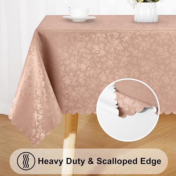 Smiry Round Waterproof Heavy Duty Vinyl Tablecloths, 60 x 60 Inch | Wipeable Washable Floral Embossed Table Cover for Kitchen and Dining Room, Indoor & Outdoor Use, Tan