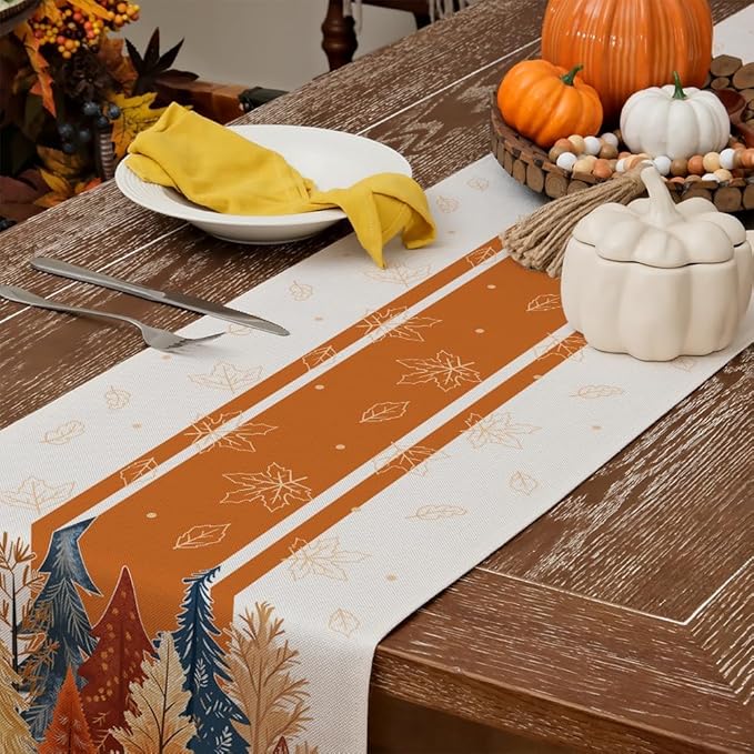 GEEORY Fall Watercolor Trees & Maple Leaves Striped Table Runner 13x108 Inch, Rustic Farmhouse Autumn Thanksgiving Decor for Kitchen, Dining, Indoor/Outdoor Holiday Dinner Party Orange GT157-108