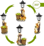 Solar Squirrels Outdoor Statues, Garden Sculptures with Flowerpot Decor & Solar Lantern for Yard Art Lawn Ornaments Porch Patio Balcony - Birthday Gifts for Women Mom