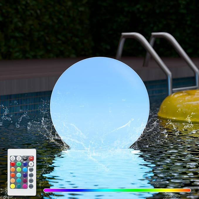 FUYO LED Ball Light, 12-inch Solar Light Up Pool Balls, Rechargeable & Remote Control Globe Lights 16 RGB Colors Mood Night Light, IP66 Water-Resistant Floating Light for Pool, Party, Pond - 1pcs
