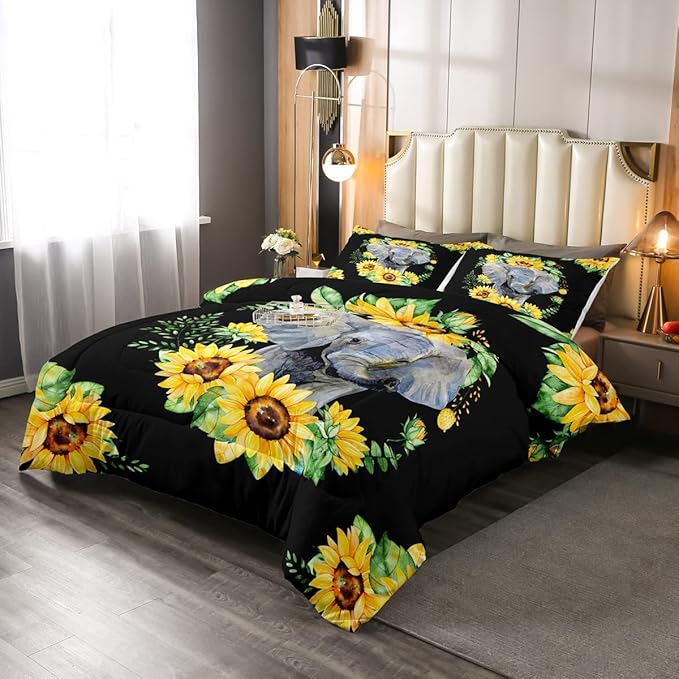 Elephant Comforter Set, Yellow Sunflower Down Comforter King Size for Kids Girls Teens Adult Bedroom Decor, African Safari Animal Duvet Sets Floral Petal Country Bedding Set with 2 Pillow Cases