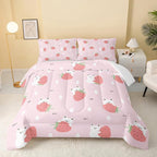 Cartoon Bear Comforter Full Size,Pink Strawberry Comforter Set for Kids Teens Girls,3Pcs Bedding Set Printed Comforter with 2 Pillowcases,Down Alternative,Soft and Lightweight，Full Size