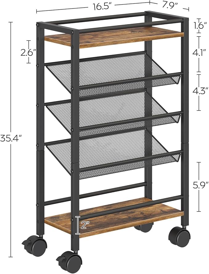 5 Tier Bookshelf, Metal Small Industrial Bookcase, Mobile Book Shelf Paper Cart with Wheels, Book Case Display Storage Shelf Organizer for Living Room, Home Office, Rustic Brown SJ01BR