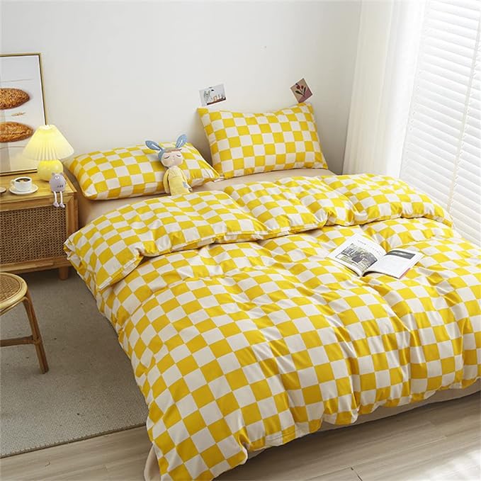 Wellboo Yellow and White Comforter Sets Full Women Men Bright Yellow Checkerboard Grid Bedding Comforters Cotton Boys Girls Modern Light Yellow Checkered Geometric Quilts Luxury Elegant Yellow Bed
