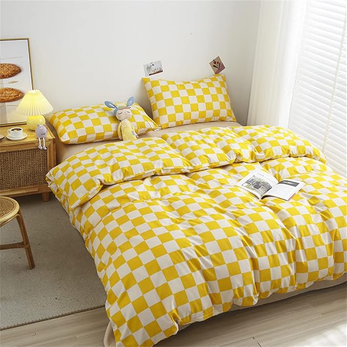 Wellboo Yellow and White Comforter Sets King Women Men Bright Yellow Checkerboard Grid Bedding Comforters Cotton Boys Girls Modern Light Yellow Checkered Geometric Quilts Luxury Elegant Yellow Bed