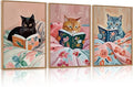 HPNIUB Framed Vintage Black Cats Canvas Wall Art, Funny Animal Reading Books Poster Printing Pictures, Pink Cute Cat Lovers Wall Decor for Girls Room Bedroom Kids Room Living Room Classroom- 16 x24 x3