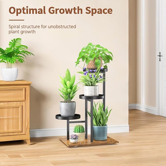 LASZOLA Black 3 Tier Plant Stand Indoor Heavy Duty Rack for Modern House Planter, Metal and Wooden Vertical Organizer Decor Narrow Bathroom Floor, Sturdy Multi Level Flower Holder Raised, Cat Proof