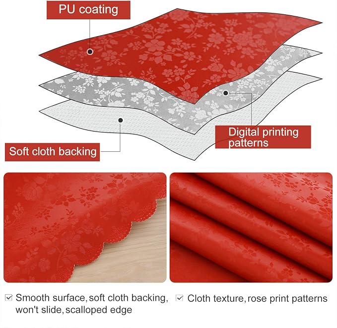 Smiry Rectangle Waterproof Heavy Duty Vinyl Tablecloths, 60 x 84 Inch | Wipeable Washable Floral Embossed Table Cover for Kitchen and Dining Room, Indoor & Outdoor Use, Red