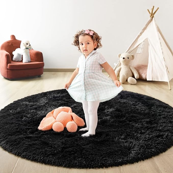 Black Round Rug for Bedroom, Super Fluffy Circle Rugs for Baby Nursery, 4'X4' Feet Furry Carpet for Children Kids Room, Cute Soft Shaggy Rug for Girls Home Decor, Fuzzy Plush Carpets for Dorm