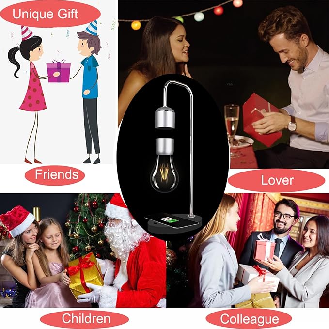 Magnetic Levitating Lamp with Wireless Phone Charger for iPhone Pro Max Floating Light Bulb LED Night Light Table Lamp Levitation Desk Lamp for Christmas Gift Bedroom Office Decoration