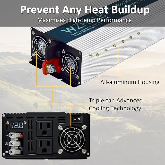 WZRELB 3500W Pure Sine Wave Inverter 12V DC to 110V 120V AC Power Converter with LED Display, Hardwire Terminal,Off-Grid Portable Power Inverter with Dual AC Outlets for Home, RV, Truck, Camping