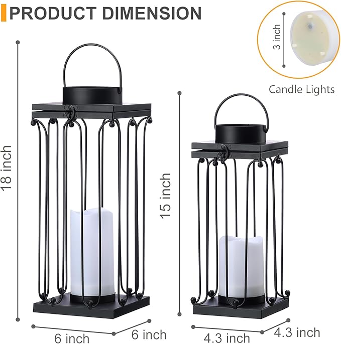 Solar Lantern Decorative Outdoor Set of 2 (18’’ & 15’’) Modern Black Metal Lanterns with Solar Candles, Decorative Candle Lanterns for Outdoor Porch, Patio, Garden, Yard Decor