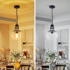 WUZUPS Chandelier Rustic Farmhouse Industrial Round Ceiling Pendant LED Light Fixture with Clear Glass Shades for Dining Room Kitchen Island Foyer Entryway, H 13" x W 10", E26 Base, Black
