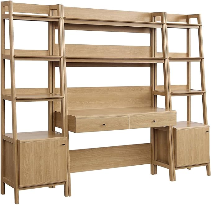 Modway Bixby 3-Piece Home Office Desk and Bookshelf Display Case in Oak