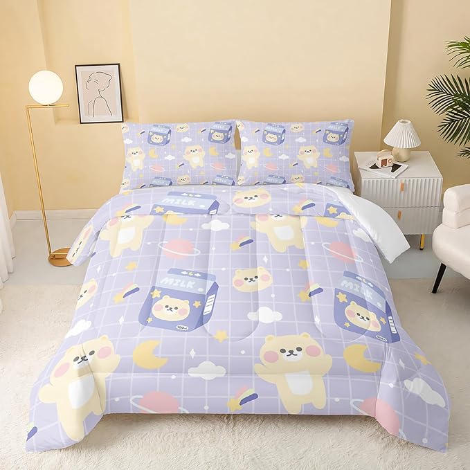 Kawaii Bear Comforter Queen Size,Cartoon Bear Comforter Set for Kids Teens Girls,3Pcs Bedding Set Printed Comforter with 2 Pillowcases,Down Alternative,Soft and Lightweight(Purple，Queen Size)