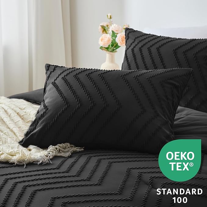 CozyLux California King Size Comforter Set Black - 3 Pieces Cal King Boho Tufted Shabby Chic Bedding Comforter Set for All Seasons, Chevron Bedding Sets with Comforter & 2 Pillow Shams