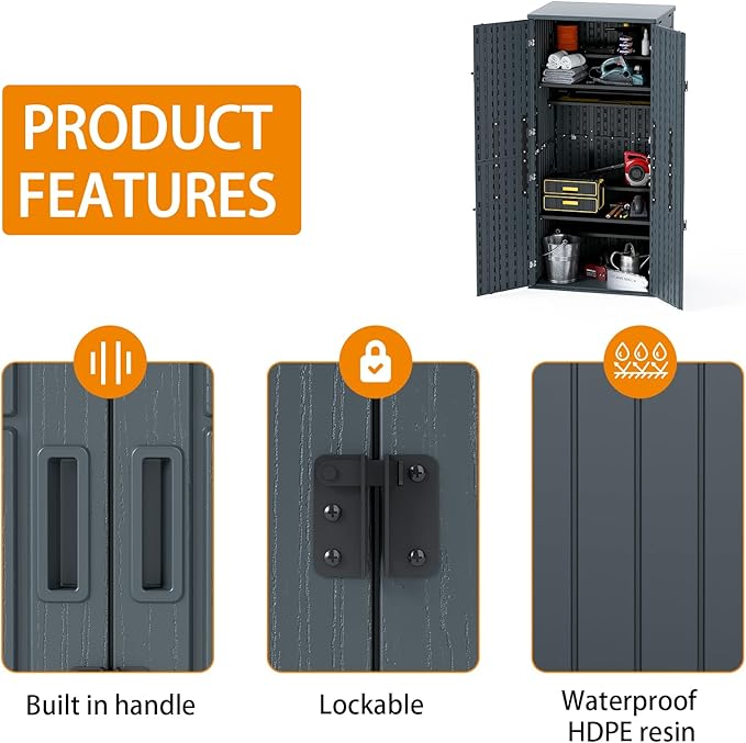 30 Cubic Ft. Vertical Resin Outdoor Storage Shed with Lockable Double Doors,Tall Storage Cabinet with 4 Shelves, Weather-Resistant Multi-Wall Panels,Storage Shed for Patio, Garden, Yard, Grey