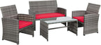 Shintenchi 4-Piece Outdoor Gray Wicker Patio Conversation Furniture Set, Rattan Patio Furniture Set with Weather Resistant Cushions and Tempered Glass Tabletop,Red