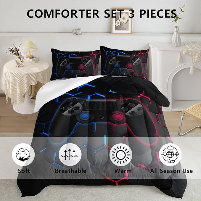 Axolotl Gamer Comforter Sets Twin,Geometric Honeycomb Gaming Bedding Sets,Video Games Comforter,Gaming Bedding Set,Game Console Comforter Set for Kids Boys Girls Teens,1 Quilt 2 Pillowcases,Blue Red