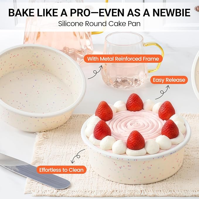 CAKETIME 6 Inch Silicone Round Cake Pan with Metal Reinforced Frame Set of 2, Non-stick & BPA Free, Even Heat Distribution, Stackable & Dishwasher Safe