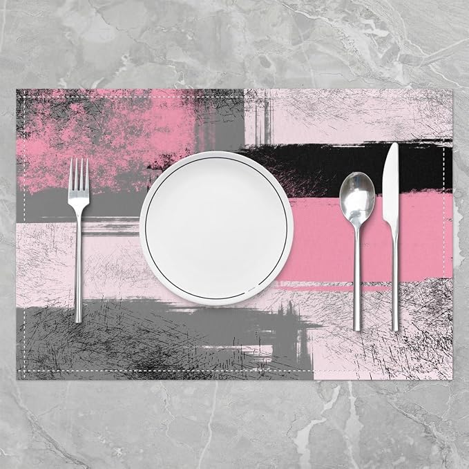 Feelyou Light Pink Black Grey White Placemats Set of 4 for Kids Boys Girls Abstract Placemat for Kitchen Dining Table Decor Indoor Outdoor 18"x12" Ombre Modern Table Place Mats, Decor Buffalo Check