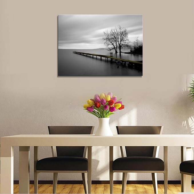 DZL Art S74981 Canvas Prints Modern Minimalist Black and White Lake Trees Landscape Wall Art Painting for Living Room Bedroom Decor Office Wall Decor Home Decoration