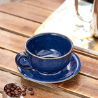 Coffeezone Vintage Design 12 oz Ceramic Latte Art Cappuccino Barista Cup with Saucer (Dark Blue)