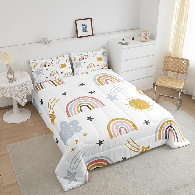 Erosebridal Girls Rainbow Bedding Set, Sun and Stars Comforter Set Queen Size for Kids Boys Children Cartoon Style Cloud Bedding Comforters Girly Soft Microfiber Duvet Insert for Bedroom Decor
