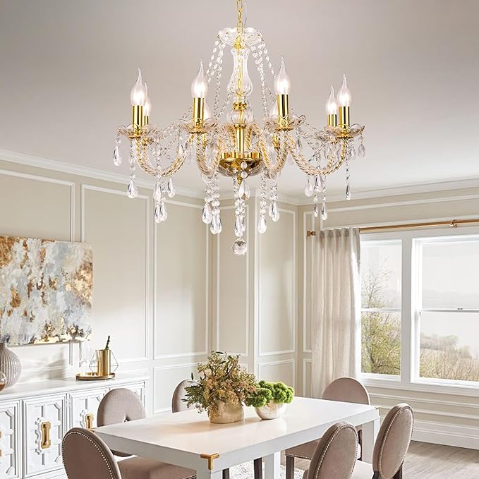 Modern Elegant 8 Lights K9 Crystal Glass Chandelier Golden Pendant Ceiling Lighting European Style for Dining Living Room Bedroom Transparent, 8 E12 Bulbs Required