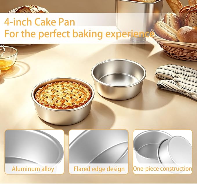 Round Cake Pans Set - 4 Inch Aluminum Nonstick Mini Cake Tins With 50 Parchment Liners & 2 Demold Tool for Diy Baking Cakes Cheesecake Tiered Cakes