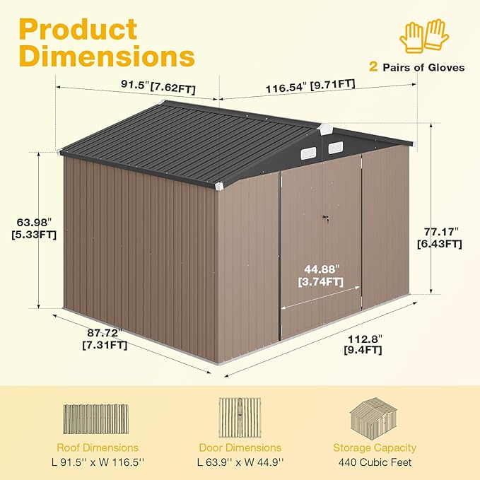 10x8 FT Outdoor Metal Storage Shed with Floor & Lockable Double Doors, Heavy-Duty Galvanized Steel Outdoor Shed for Bike, Tool, Generator Storage in Backyard, Patio (10’x8’, Floor)