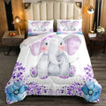 Kids Elephant Bedding Set Cute Animal Comforter Set Queen For Girls Boys Kawaii Room Decor, Flower Branches Duvet Sets Cartoon Elephant With Floral Down Comforter With 2 Pillow Cases, Purple Blue