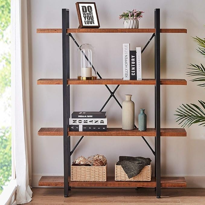 HSH 4 Tier Natural Real Wood Bookshelf, 4 Shelf Rustic Solid Wooden and Metal Bookcase, Farmhouse Open Vintage Industrial Etagere Book Shelf for Office Living Room Bedroom Storage, Distressed Brown