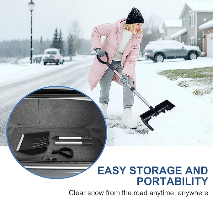 Ergonomic Large Snow Shovel for Driveway: 48-Inch Dual-Lock Knob Anti-Wobble Handle, 16" Plastic Blade w/Metal Edge, Ultra-Light 1.9 lb, Portable Aluminum Shaft, Car, Camping & Emergency, Black