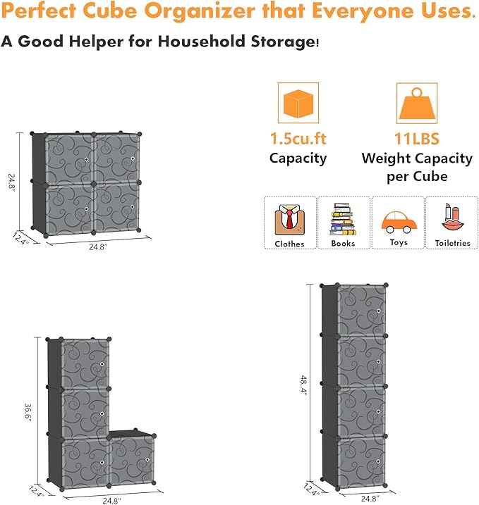 C&AHOME Cube Storage Organizer with Doors, 4-Cube Shelves, Closet Cabinet, DIY Plastic Modular Bookshelf Ideal for Bedroom, Living Room, 24.8" L x 12.4" W x 24.8" H Black SHS04B-DOOR