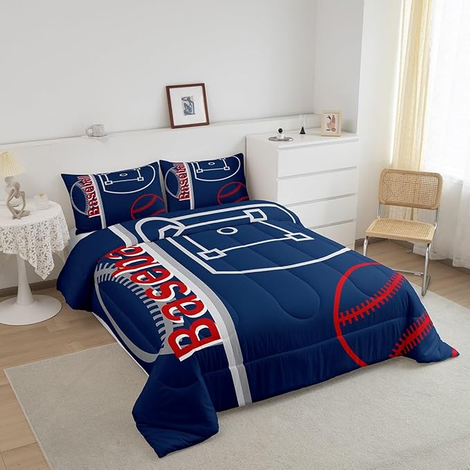 Feelyou Baseball Bedding Set Full Size Sports Game Comforter Set for Kids Boys Girls Decor Baseball Gaming Comforter Microfiber Ball Duvet Set Bedroom Quilt Set