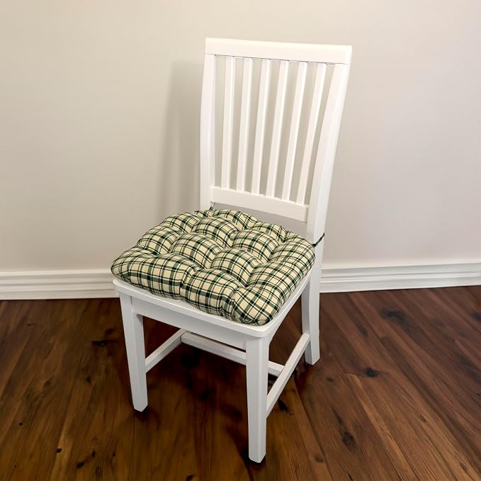 Barnett Home Decor Dining Chair Pad with Ties Montgomery Green Plaid - Size Small 15 x 17 Chair Cushion - Latex Foam Fill Cushion, Reversible, Machine Washable - Green Natural Tartan