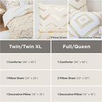 Codi Cream White and Gold Comforter Set for Full/Queen Size Bed, Cute Metallic Ivory Bed Sets, 4 Piece (2 Matching Shams + 1 Decorative Pillow)