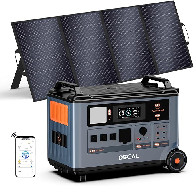 OSCAL PowerMax 6000 Solar Generator with 400W Solar Panel, 120V/240V 3600Wh Power Station 6000W AC Outlets (7200W Peak), 2200W AC Charging/2400W Solar Charging, Emergency for Home, Battery Backup