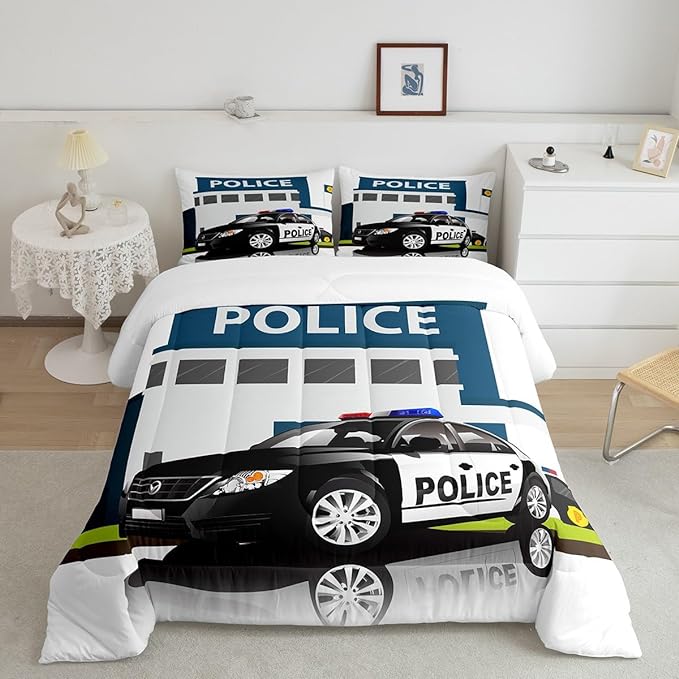 Erosebridal Police Car Comforter Sets King Size, Policeman Boys Bedding Set for Kids Boys Children Teens Bedroom Decor, Polica Vehicle Quilt Cartoon Automobile Duvet Insert with 2 Pillow Cases