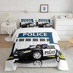 Erosebridal Police Car Comforter Sets King Size, Policeman Boys Bedding Set for Kids Boys Children Teens Bedroom Decor, Polica Vehicle Quilt Cartoon Automobile Duvet Insert with 2 Pillow Cases