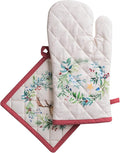 Maison d' Hermine 100% Cotton Oven Mitt & Pot Holder Set (7.5"x13" & 8"x8") | Heat Resistant BBQ Cooking Gloves with Loop Baking Grilling Kitchen Hotel Home Farmhouse Thanksgiving Christmas - Holly Time