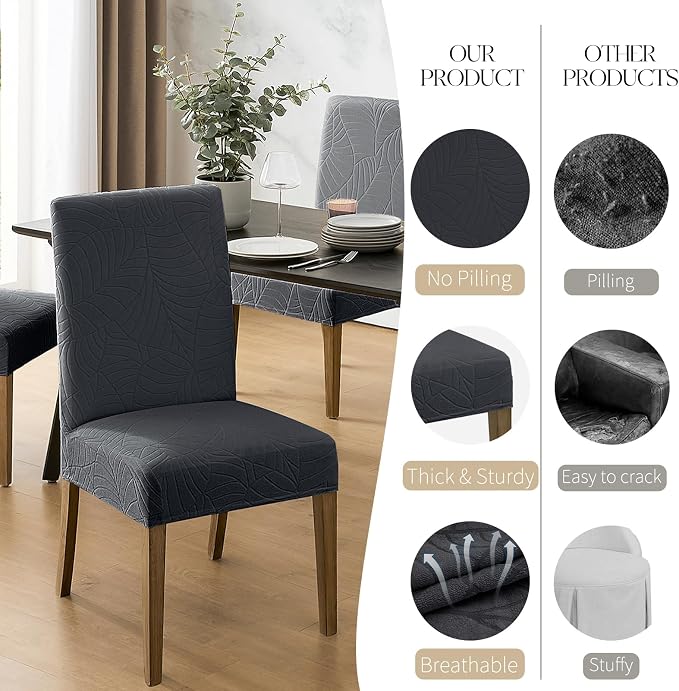 MOSAYT 100% Waterproof Dining Room Chair Covers Set of 4, Super Fit Stretch Jacquard Parson Chairs Slipcovers Removable Washable Chair Seat Protectors for Home, Kitchen, Banquet (Dark Grey)