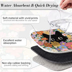 Black Cat Floral Dish Drying Mat for Kitchen Counter Coffee Bar 18x24 in | Non Slip Absorbent Kitchen Dishes Drainer Mat, with Anti-slip Rubber Backing & Hanging Loop, Decor for Sink, Cat Theme Gifts