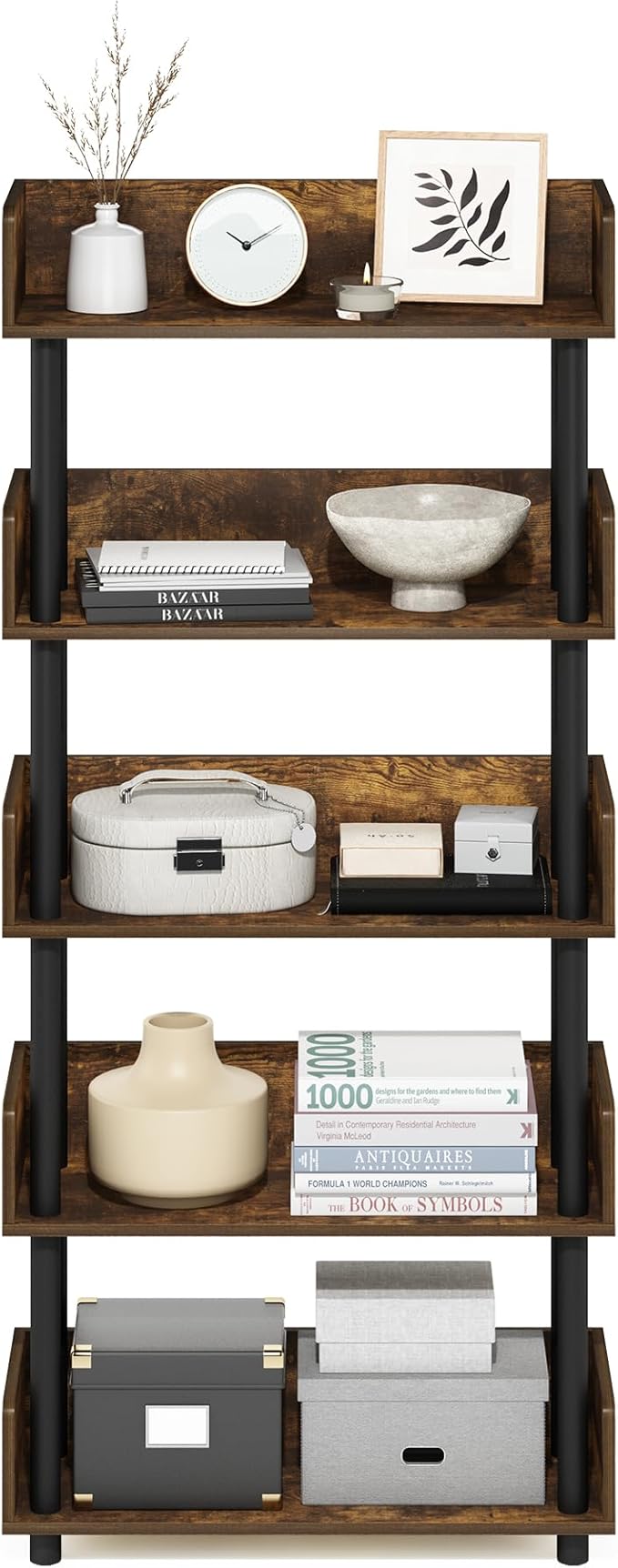 Furinno Turn-N-Tube 5-Tier Toolless Display Rack, Amber Pine/Black