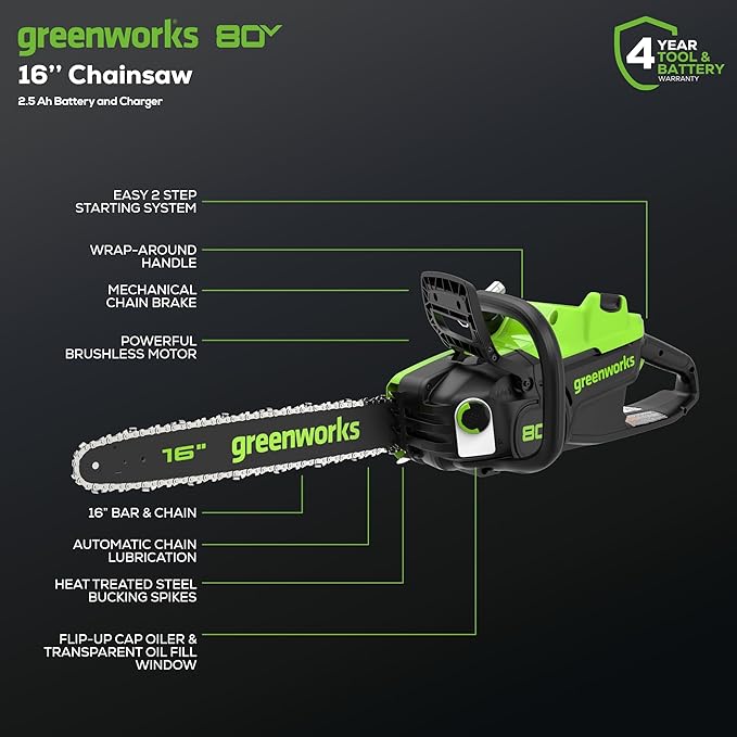 Greenworks 80V 16" Brushless Cordless Chainsaw (Great For Tree Felling, Limbing, Pruning, and Firewood), 75+ Compatible Tools, 2.5Ah Battery and Charger Included